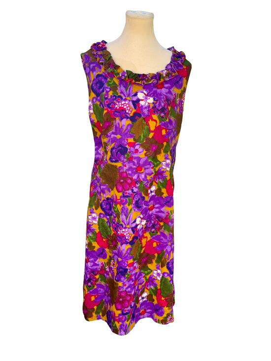 American Vintage Dresses & Skirts - Vintage 1960s Flower Power Floral Mod Sleeveless Ruffled Neck Shift Dress XL